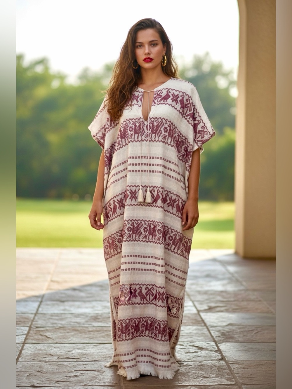 Boho Stripe Tassel Caftan Cover-Up in Cream and Burgundy